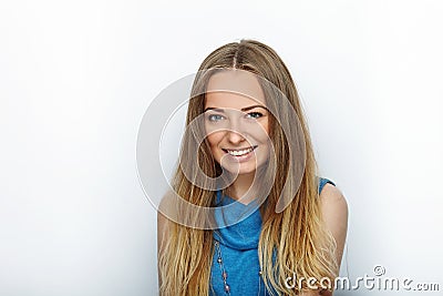 Headshot of young adorable blonde woman with cute smile on white background Stock Photo