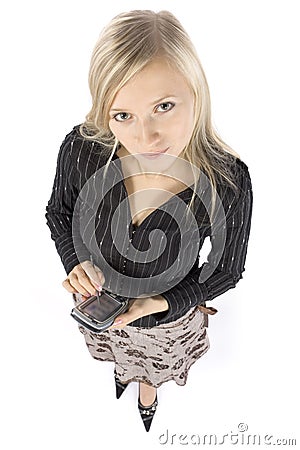 Headshot of young blonde woman with palmtop Stock Photo