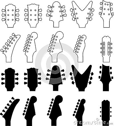 Headstocks of different electric and acoustic guitars in black and white. vector image. illustration Vector Illustration
