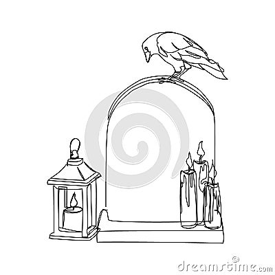 Headstone with crow and retro candleholder with burning candles one line art. Continuous line drawing of grave, cemetery Vector Illustration