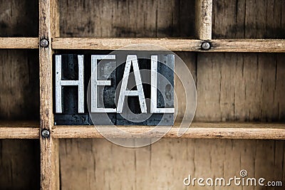 Heal Concept Metal Letterpress Word in Drawer Stock Photo