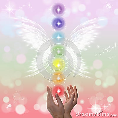 Healing Hands and seven chakras Stock Photo