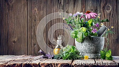 Healing Herbs And Essential Oil In Bottle With Mortar Stock Photo