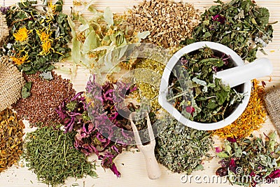 Healing herbs on wooden table, herbal medicine Stock Photo