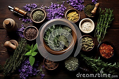 Healing herbs on wooden table, mortar and pestle, herbal medicine, top view Stock Photo