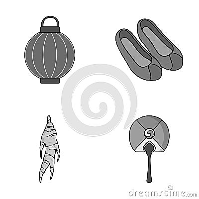 Healing root, Korean flashlight, national shoes, multi-colored fan. South Korea set collection icons in monochrome style Vector Illustration