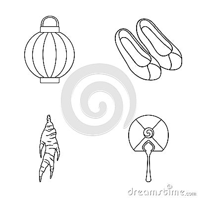 Healing root, Korean flashlight, national shoes, multi-colored fan. South Korea set collection icons in outline style Vector Illustration