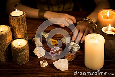 Healing stones, candles and fortune teller hands, concept life c Stock Photo