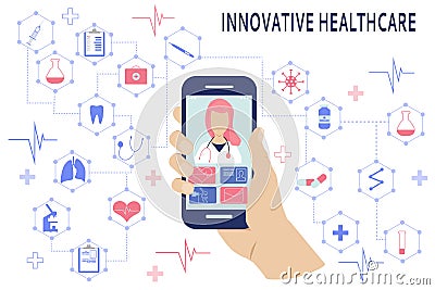 Video of a user calling a doctor using a virtual medical application Vector Illustration