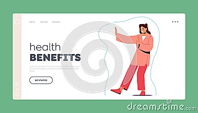 Health Benefits Landing Page Template. Female Character with Strong Immunity Shield Well Protected From Viruses Vector Illustration