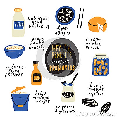 Health benefits of probiotics. Hand drawn infographic poster with probiotic foods and its benefits. Made in vector. Vector Illustration