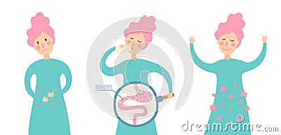 Girl drinking yogurt with probiotics bacteria in the gut. Probiotic through magnifying glass in flat style Vector Illustration