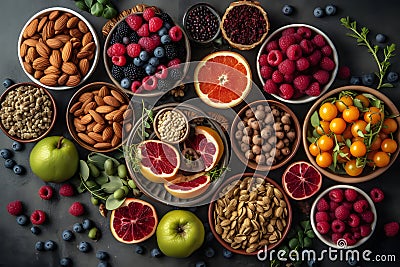 Health food for fitness concept with immune boosting properties with fruit, nuts, berries and grains Stock Photo