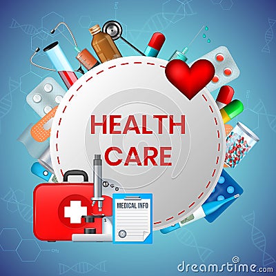 Health Care Banner. Microscope, Medical Tools Vector Illustration