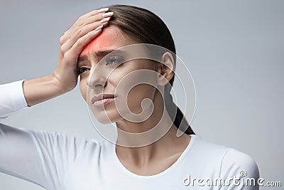 Health Care. Beautiful Woman Suffering From Head Pain, Headache Stock Photo