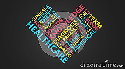 Healthcare Wordcloud On Black Background With Colorful Words, Panorama Stock Photo