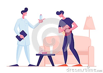 Health Care Concept. Home Doctor Visiting Sick Man Feel Pain in Stomach. Food Poisoning, Digestive Tract Indigestion Vector Illustration