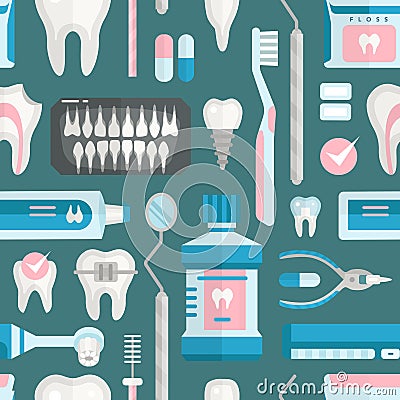 Health care dentist medical tools medicine instrument stomatology icons implantation clinic vector seamless pattern Vector Illustration