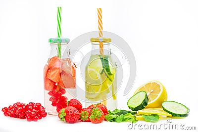 Health care, fitness, healthy nutrition diet concept. Fresh cool strawberry and lemon and mint infused water, detox drink, in a Stock Photo