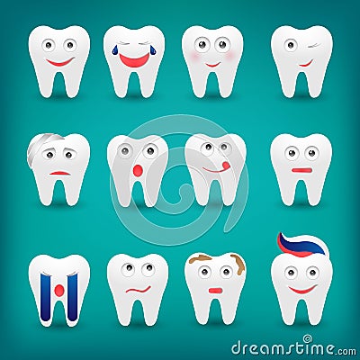 Health care flat style cartoon cute tooth character with different facial expressions, emotions. Set, collection of emoji isolate Vector Illustration