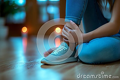 health care. Foot flatfoot concept, close up of woman painful foot Stock Photo