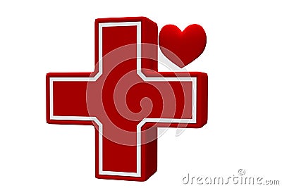 Health care icon. Red cross and red heart isolated on a white. 3d rendering Editorial Stock Photo
