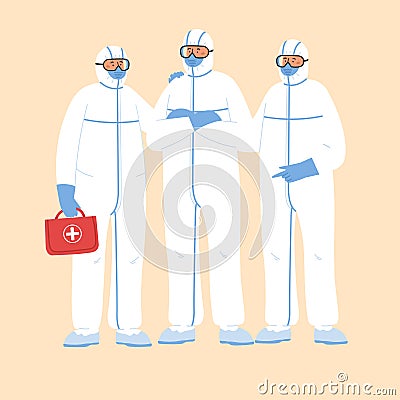 Health care and medical concept. Pathogen respiratory coronavirus. Doctors in protective suit. Vector Illustration