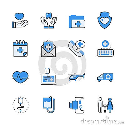 Health care medical help lineart flat vector icon set. Vector Illustration