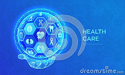 Health care and medical services concept. Emergency service Healthcare diagnosis and treatment. Abstract 3D sphere or globe with Cartoon Illustration