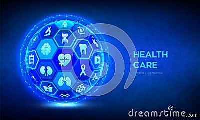 Health care and medical services concept. Emergency service. Healthcare diagnosis and treatment. Medical care. Abstract 3D sphere Cartoon Illustration