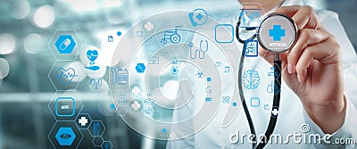 Health care and medical technology services concept with cinematography screen and AR interface Stock Photo