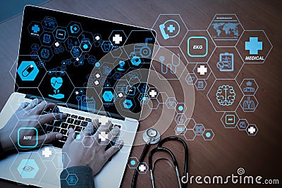 top view of Medicine doctor hand working with modern computer an Stock Photo