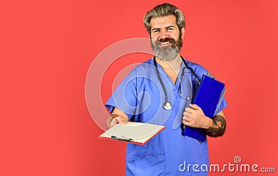Health care. Medical treatment concept. Documents and protocols. Private clinic. Hospital department. Man bearded Stock Photo