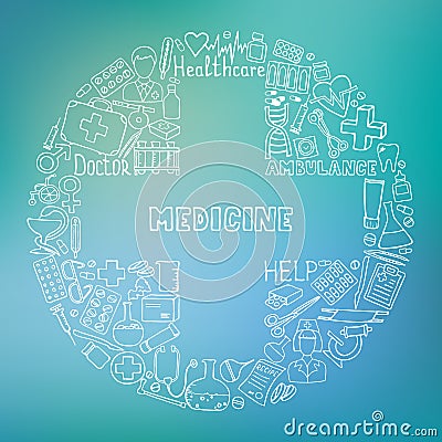 Health care and medicine icon set. Vector doodle illustrations. Vector Illustration