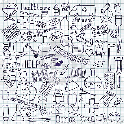 Health care and medicine icon set. Vector doodle illustrations. Vector Illustration