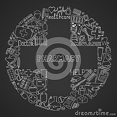 Health care and medicine icon set. Vector doodle illustrations. Vector Illustration