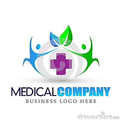 Health care nature medical cross active people with leaves logo icon on white background Cartoon Illustration