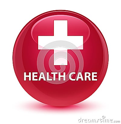 Health care (plus sign) glassy pink round button Cartoon Illustration