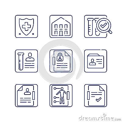 Health care policy, medical documents, diagnosis report, check up list, treatment plan, patient history record Vector Illustration