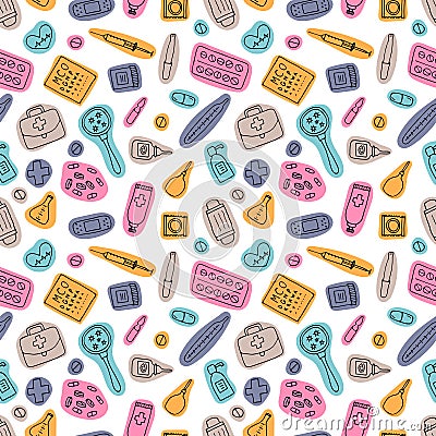 Health care seamless pattern. Hand drawn medicine elements. Pharmacy, medical background Vector Illustration