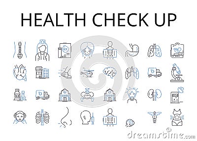 Health check up line icons collection. Medical exam, Physical test, Wellness assessment, Health evaluation, Medical Vector Illustration
