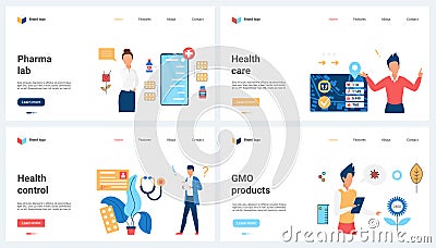 Health control and healthcare, medicine and pharmacology online set and tiny people Vector Illustration