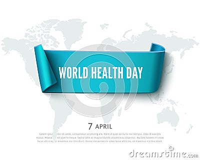 Health day concept with green paper ribbon banner, world map and text, realistic vector background Vector Illustration