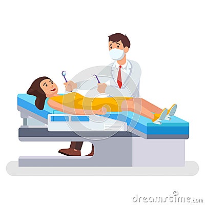 Health, dental clinic appointment, dentist is working on the teeth of a woman Vector Illustration