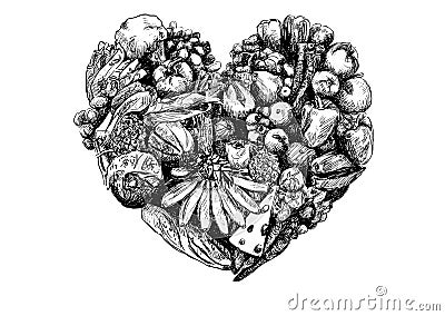 Health eating - Heart of food - Hand Drawn food heart illustration Cartoon Illustration