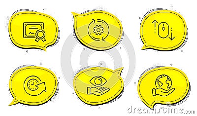 Health eye, Update time and Cogwheel icons set. Scroll down sign. Optometry, Refresh watch, Engineering tool. Vector Vector Illustration