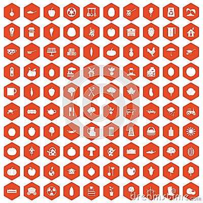 100 health food icons hexagon orange Vector Illustration