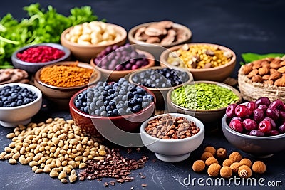 Health food selection with fresh vegetables, fruit, herbs, pulses, seeds and nuts. Health concept. Generative AI Stock Photo