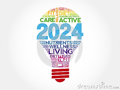 2024 health goals bulb word cloud, health concept background Stock Photo