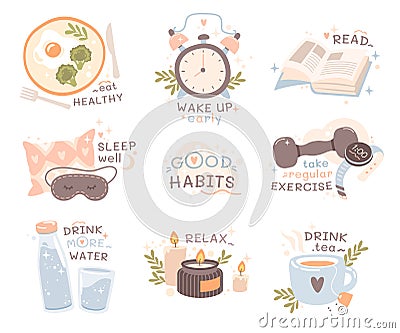 Health good habits set with motivation to eat healthy, wakeup early, read, take regular exercise Vector Illustration